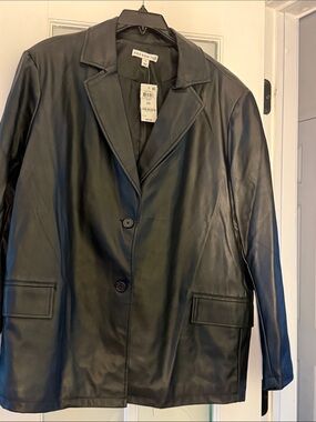 And Now This Women’s Black Faux Leather Blazer Jacket